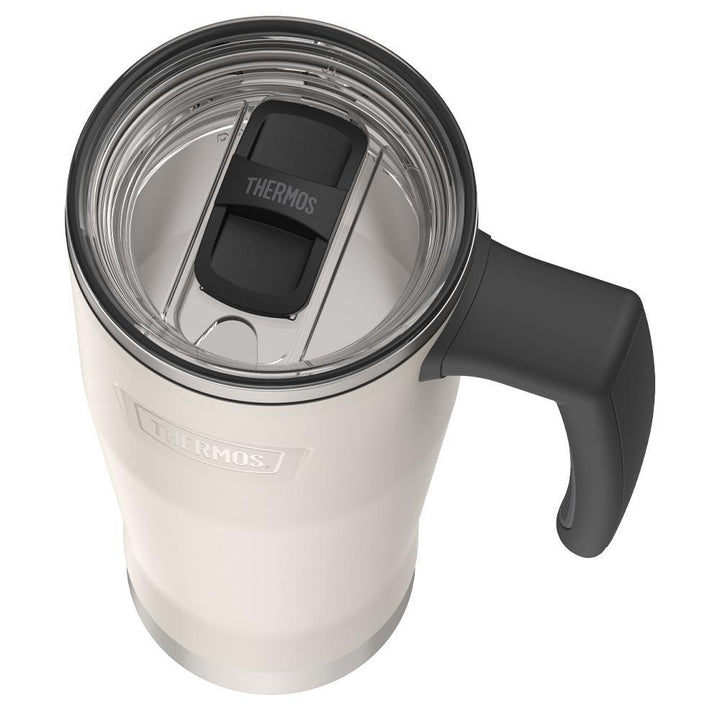 Thermos 18 ounce Stainless Steel Mug with handle and slide lock lid, top view of slide lock lid, with slide open, Sandstone Beige.