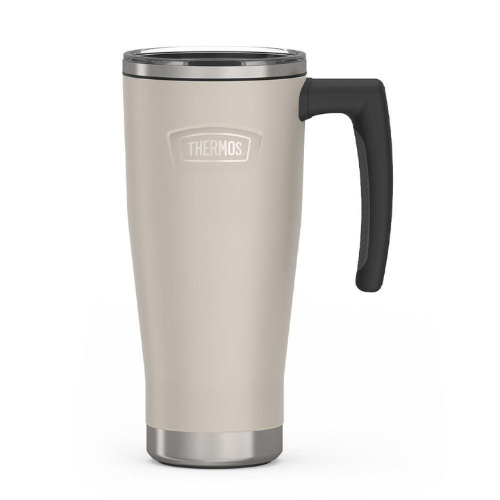 Thermos 18 ounce Stainless Steel Mug with handle and slide lock lid, front view, Sandstone Beige.