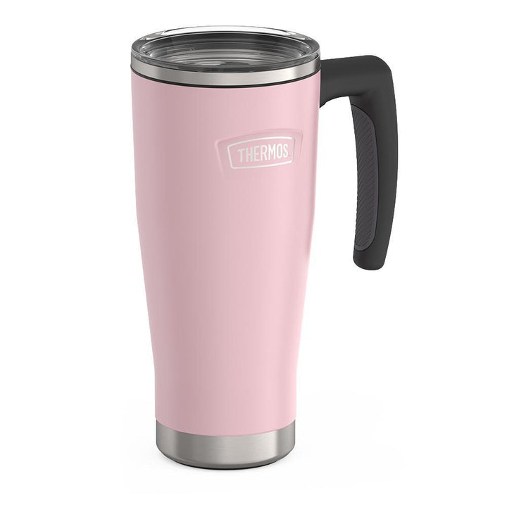 Thermos 18 ounce Stainless Steel Mug with handle and slide lock lid, side view, Sunset Pink.