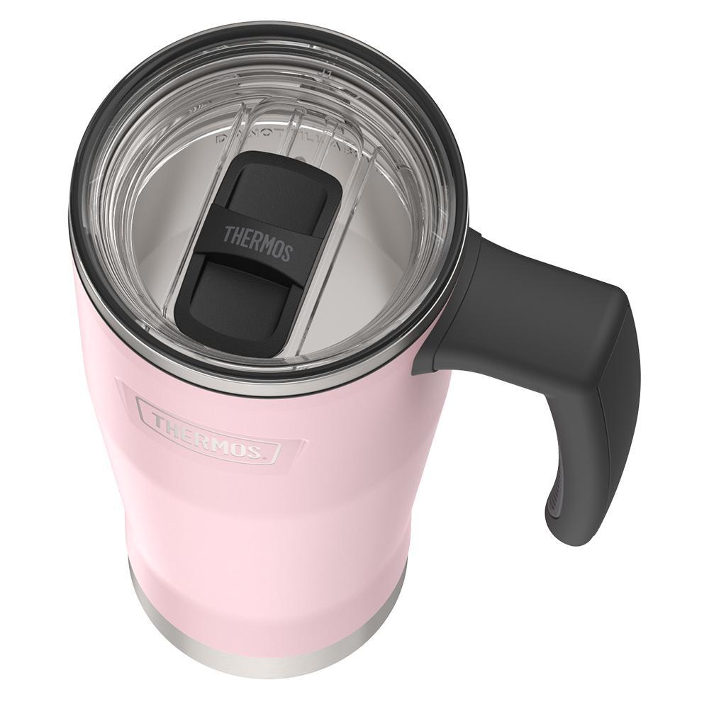 Thermos 18 ounce Stainless Steel Mug with handle and slide lock lid, top view of slide lock lid, with slide closed, Sunset Pink.