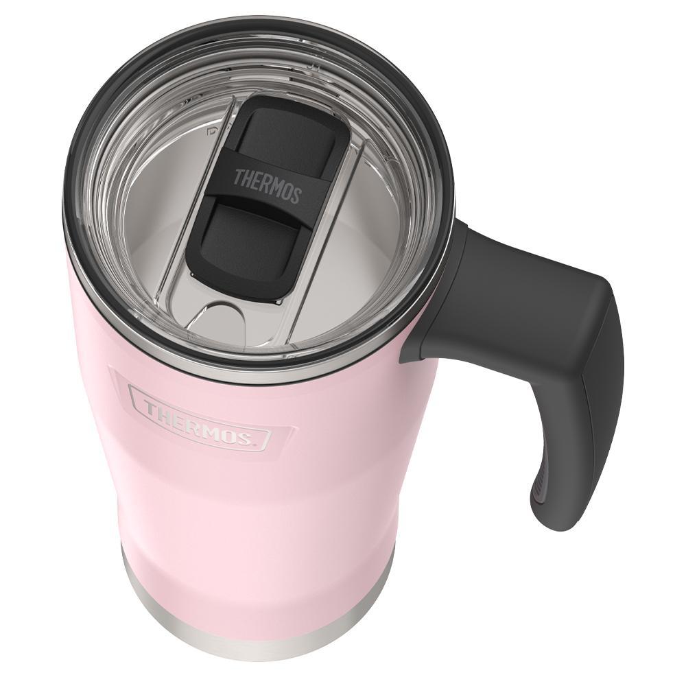 Thermos 18 ounce Stainless Steel Mug with handle and slide lock lid, top view of slide lock lid, with slide open, Sunset Pink.