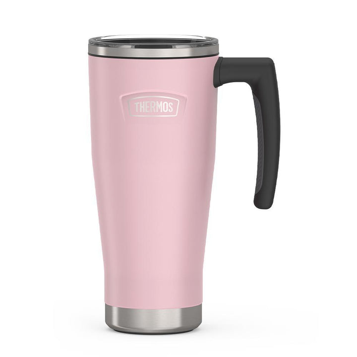 Thermos 18 ounce Stainless Steel Mug with handle and slide lock lid, front view, Sunset Pink.