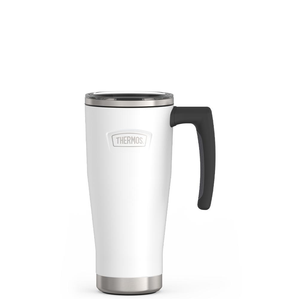 Thermos 18 ounce Stainless Steel Mug with handle and slide lock lid, front view, Snow White.