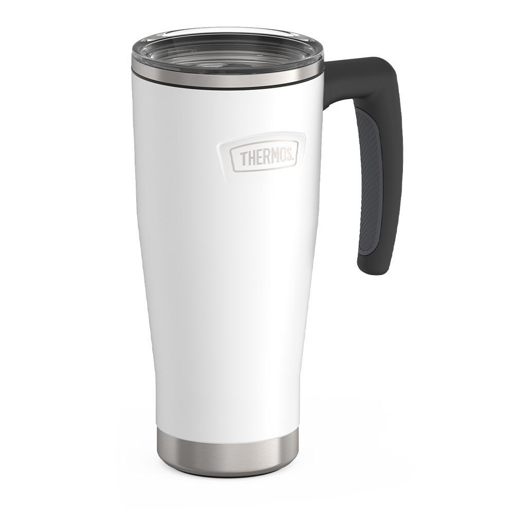 Thermos 18 ounce Stainless Steel Mug with handle and slide lock lid, side view, Snow White.