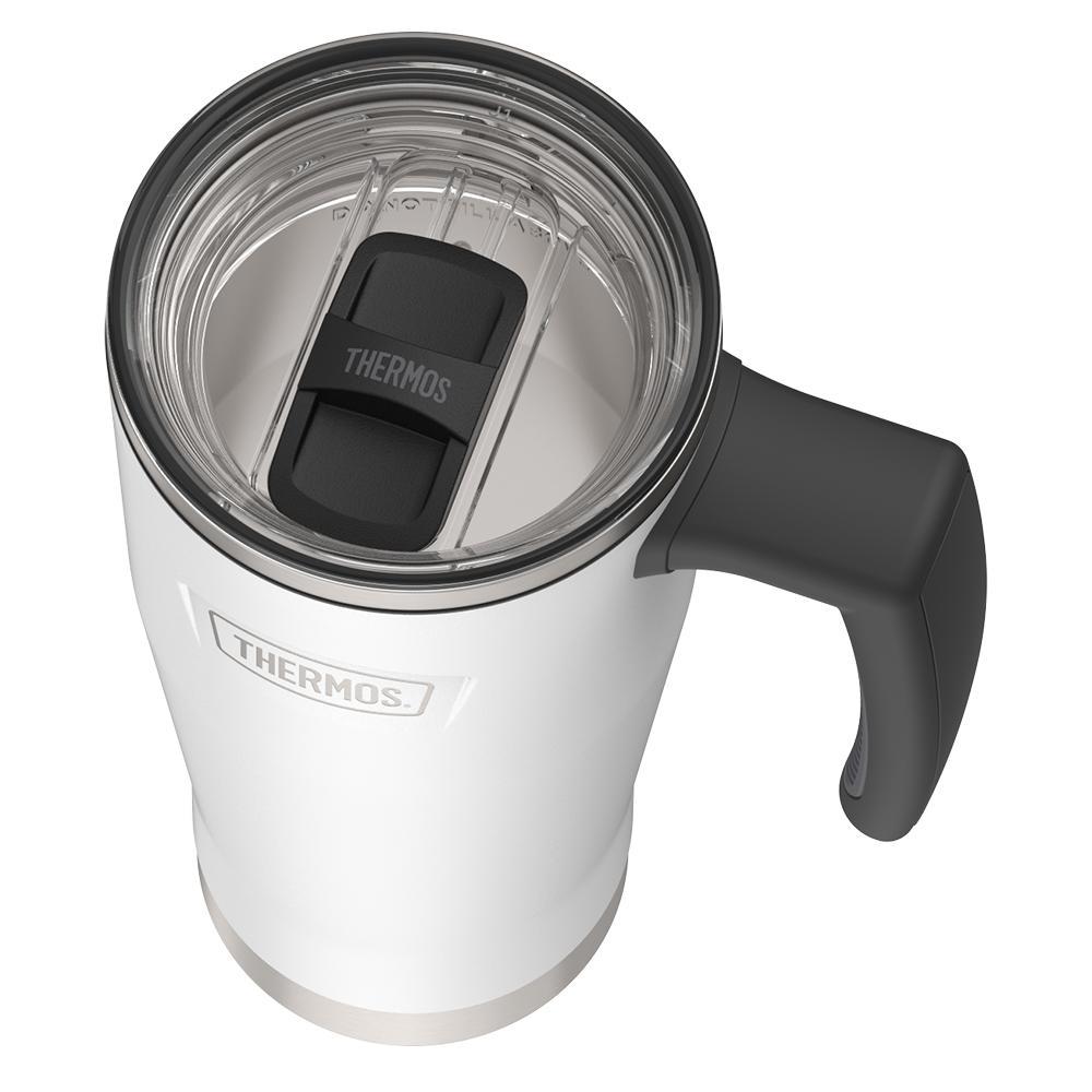 Thermos 18 ounce Stainless Steel Mug with handle and slide lock lid, top view of slide lock lid, with slide closed, Snow White.