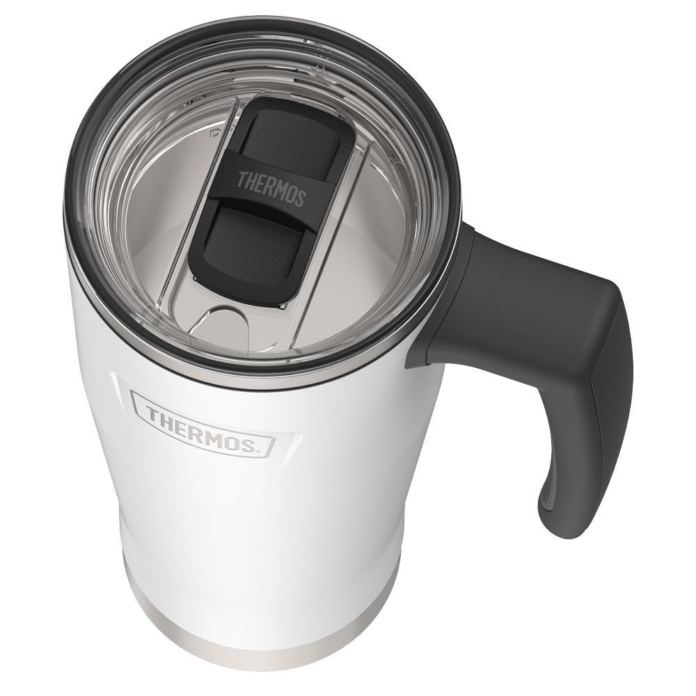 Thermos 18 ounce Stainless Steel Mug with handle and slide lock lid, top view of slide lock lid, with slide open, Snow White.