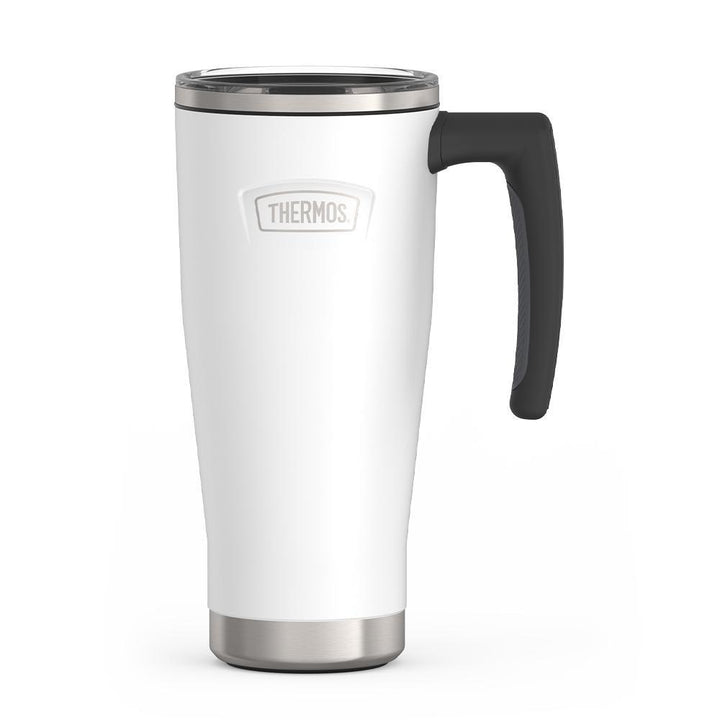 Thermos 18 ounce Stainless Steel Mug with handle and slide lock lid, front view, Snow White.