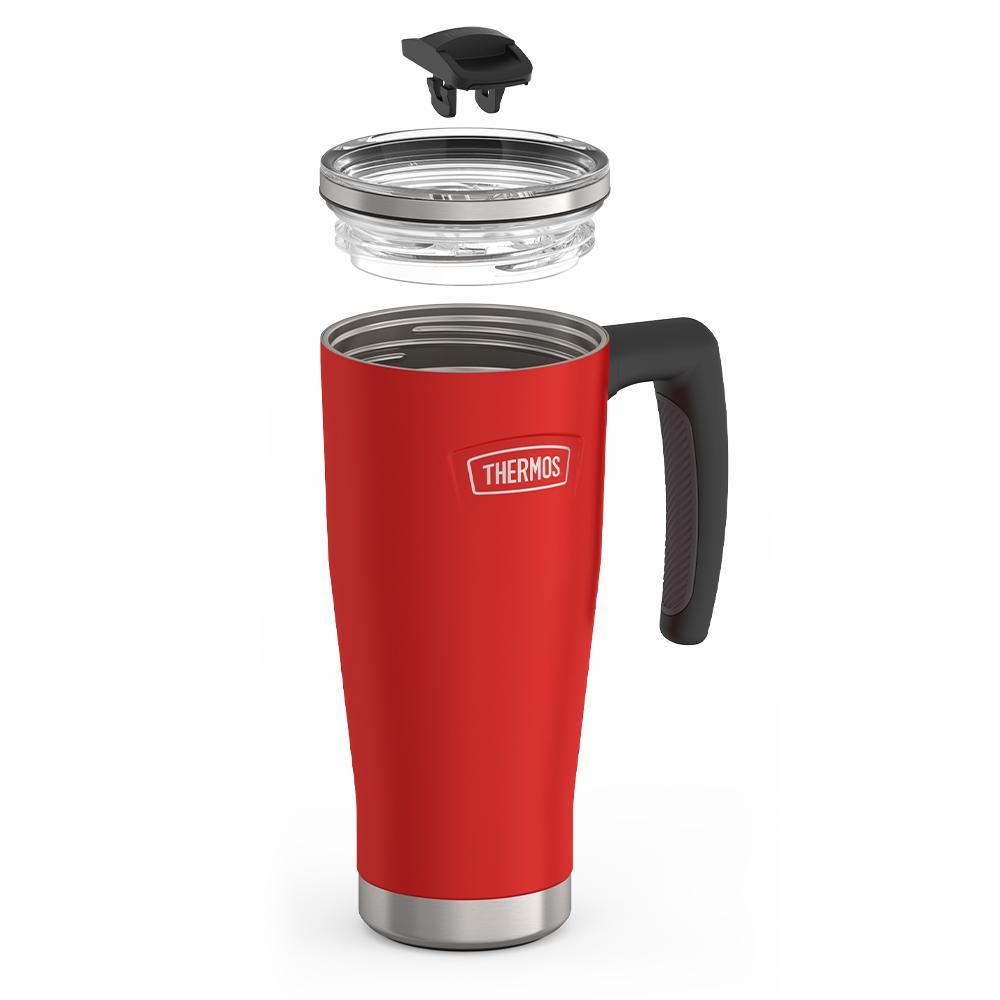 Thermos 18 ounce Stainless Steel Mug with handle and slide lock lid, leak resistant lid, components disassembled, Crimson Red.