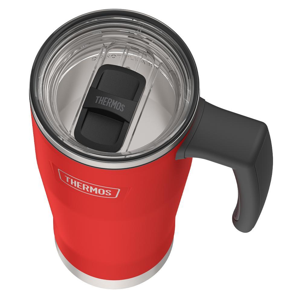 Thermos 18 ounce Stainless Steel Mug with handle and slide lock lid, top view of slide lock lid, with slide closed, Crimson Red.