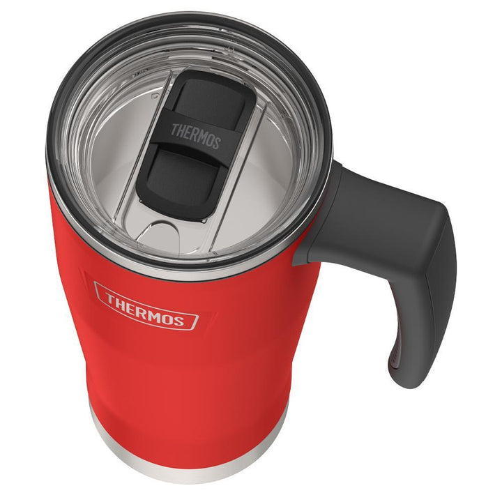 Thermos 18 ounce Stainless Steel Mug with handle and slide lock lid, top view of slide lock lid, with slide open, Crimson Red.