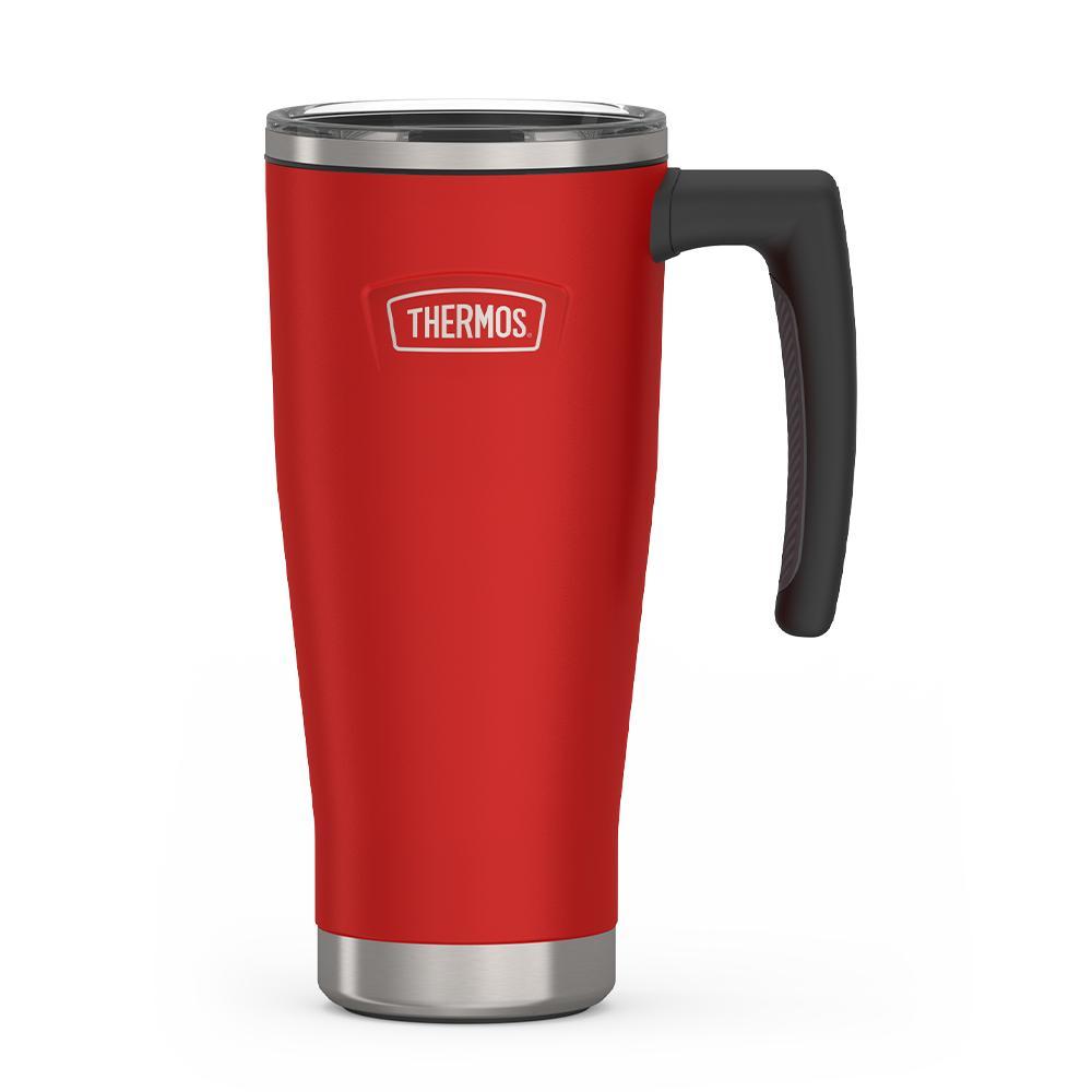 Thermos 18 ounce Stainless Steel Mug with handle and slide lock lid, front view, Crimson Red.