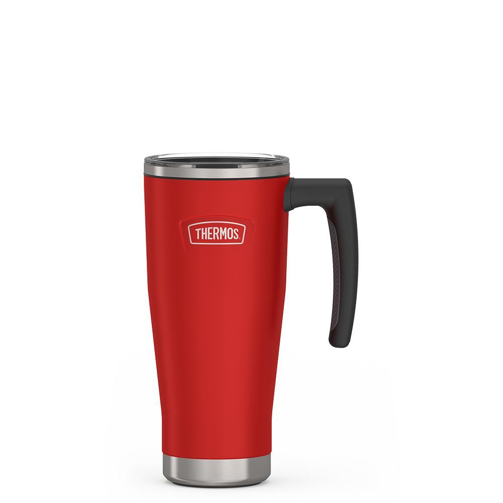 Thermos 18 ounce Stainless Steel Mug with handle and slide lock lid, front view, Crimson Red.