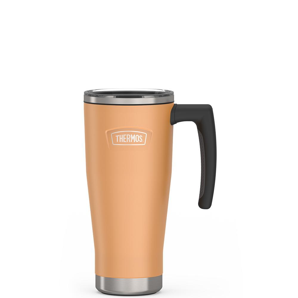 Thermos 18 ounce Stainless Steel Mug with handle and slide lock lid, front view, Melon Orange.