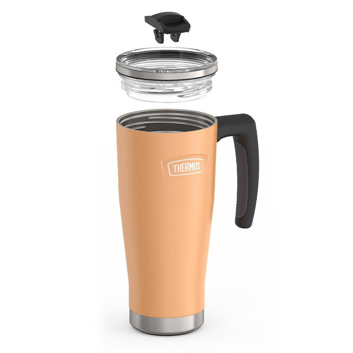 Thermos 18 ounce Stainless Steel Mug with handle and slide lock lid, leak resistant lid, components disassembled, Melon Orange.