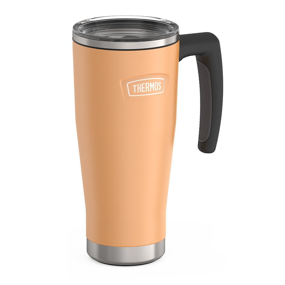 Thermos 18 ounce Stainless Steel Mug with handle and slide lock lid, side view, Melon Orange.