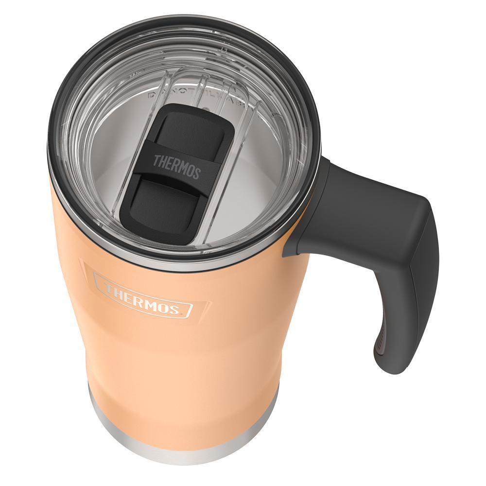 Thermos 18 ounce Stainless Steel Mug with handle and slide lock lid, top view of slide lock lid, with slide closed, Melon Orange.