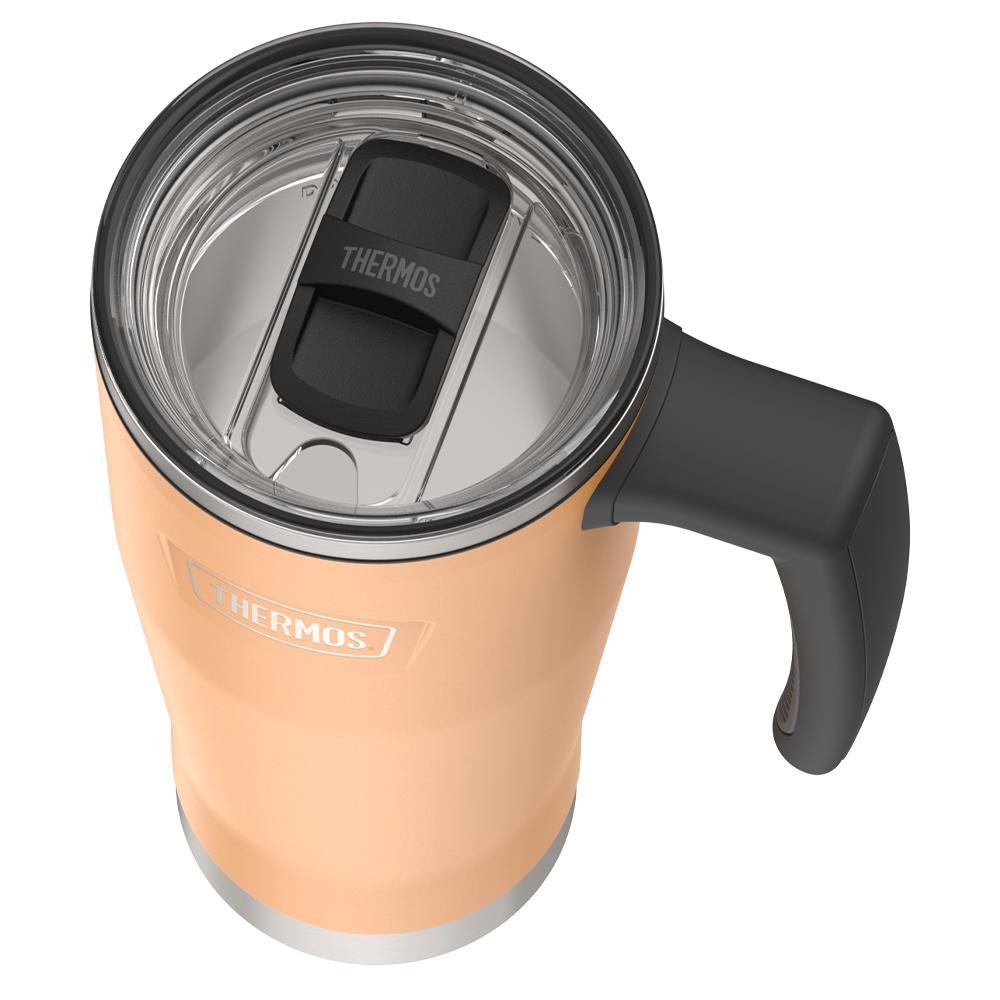 Thermos 18 ounce Stainless Steel Mug with handle and slide lock lid, top view of slide lock lid, with slide open, Melon Orange.