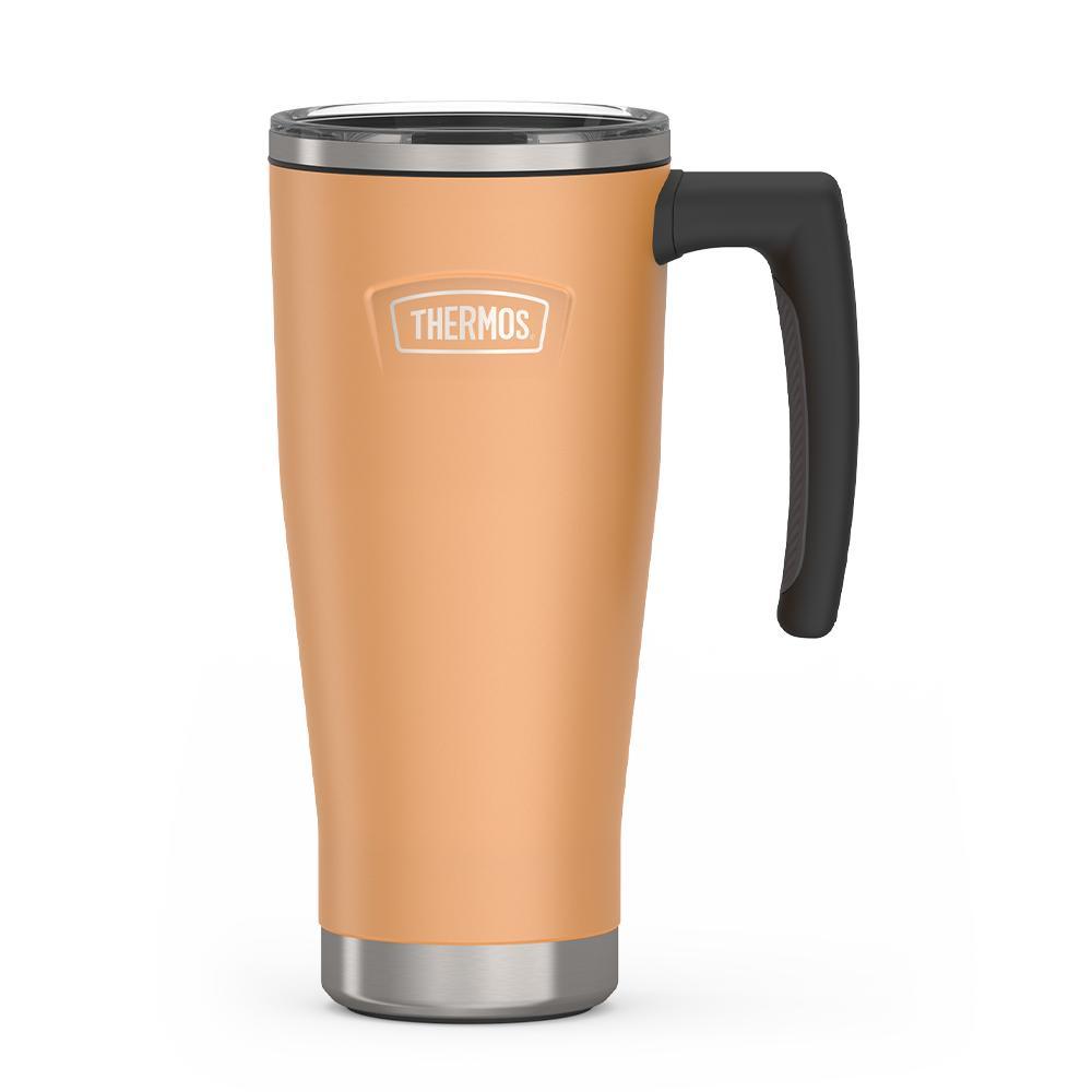 Thermos 18 ounce Stainless Steel Mug with handle and slide lock lid, front view, Melon Orange.