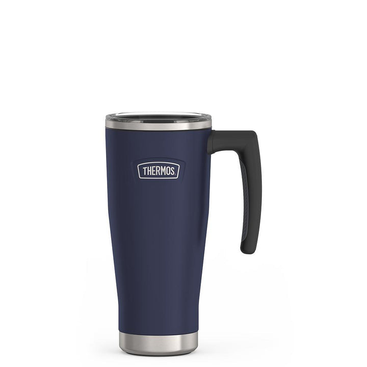 Thermos 18 ounce Stainless Steel Mug with handle and slide lock lid, front view, Mystic Navy.