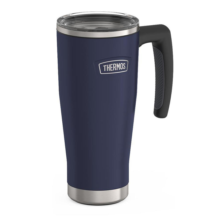 Thermos 18 ounce Stainless Steel Mug with handle and slide lock lid, side view, Mystic Navy.