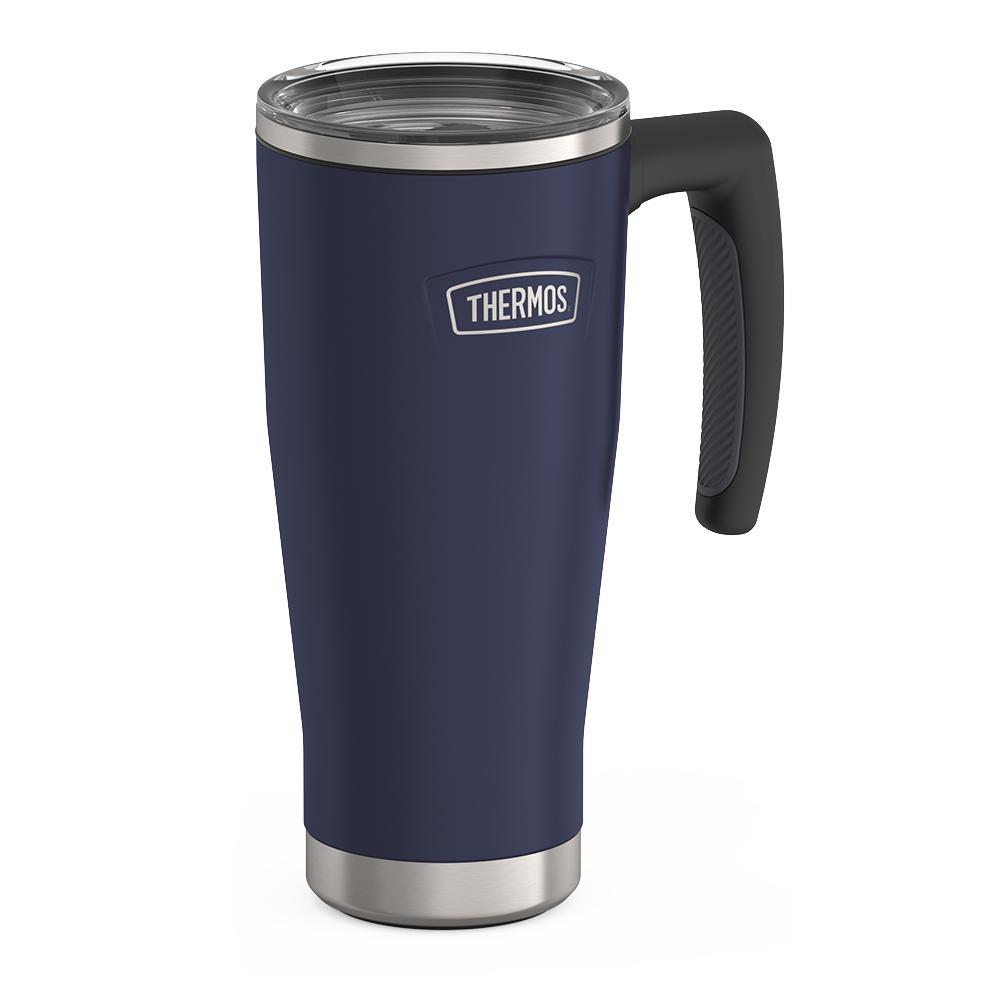 Thermos 18 ounce Stainless Steel Mug with handle and slide lock lid, side view, Mystic Navy.