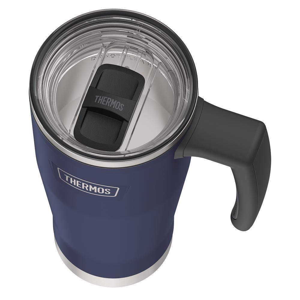 Thermos 18 ounce Stainless Steel Mug with handle and slide lock lid, top view of slide lock lid, with slide closed, Mystic Navy.