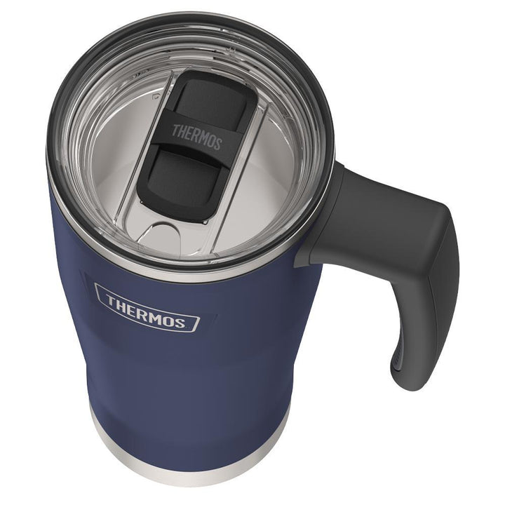 Thermos 18 ounce Stainless Steel Mug with handle and slide lock lid, top view of slide lock lid, with slide open, Mystic Navy.