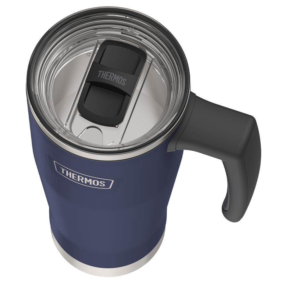 Thermos 18 ounce Stainless Steel Mug with handle and slide lock lid, top view of slide lock lid, with slide open, Mystic Navy.