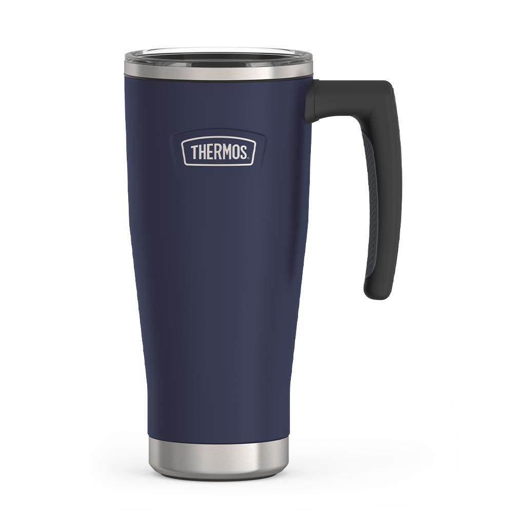 Thermos 18 ounce Stainless Steel Mug with handle and slide lock lid, front view, Mystic Navy.