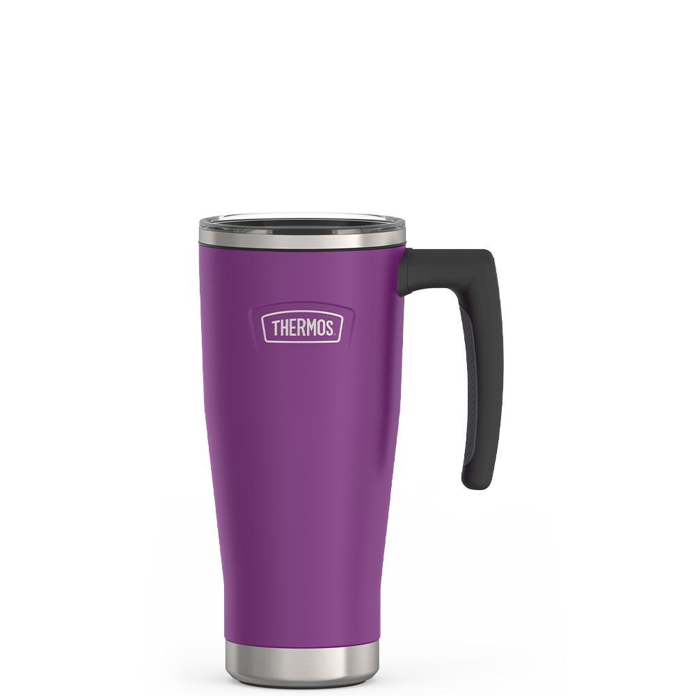 Thermos 18 ounce Stainless Steel Mug with handle and slide lock lid, front view, Plum Purple.