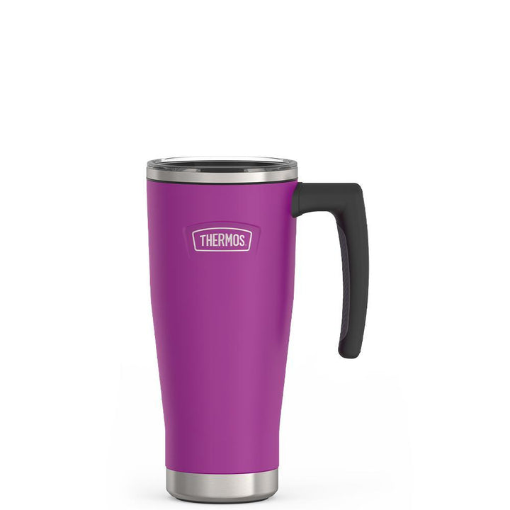 Thermos 18 ounce Stainless Steel Mug with handle and slide lock lid, front view, Plum Purple.