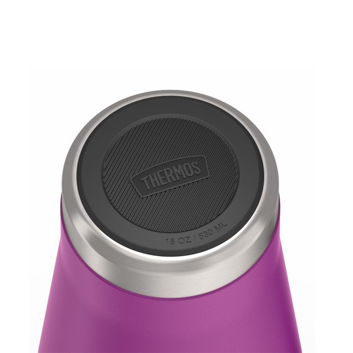 Thermos 18 ounce Stainless Steel Mug with handle and slide lock lid, base view of non-slip base, Plum Purple.