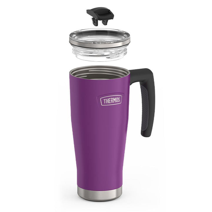 Thermos 18 ounce Stainless Steel Mug with handle and slide lock lid, leak resistant lid, components disassembled, Plum Purple.