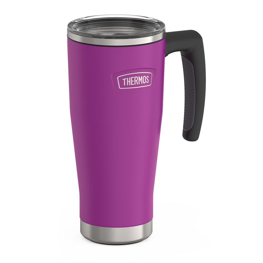 Thermos 18 ounce Stainless Steel Mug with handle and slide lock lid, side view, Plum Purple.