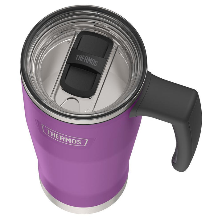 Thermos 18 ounce Stainless Steel Mug with handle and slide lock lid, top view of slide lock lid, with slide open, Plum Purple.