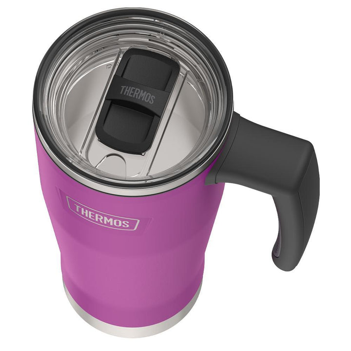 Thermos 18 ounce Stainless Steel Mug with handle and slide lock lid, top view of slide lock lid, with slide open, Plum Purple.