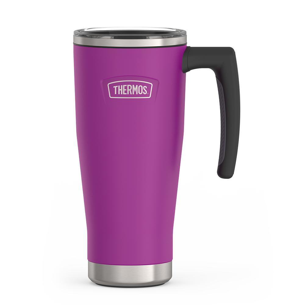 Thermos 18 ounce Stainless Steel Mug with handle and slide lock lid, front view, Plum Purple.