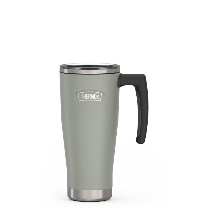 Thermos 18 ounce Stainless Steel Mug with handle and slide lock lid, front view, River Rock Grey.