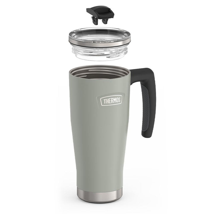 Thermos 18 ounce Stainless Steel Mug with handle and slide lock lid, leak resistant lid, components disassembled, River Rock Grey.