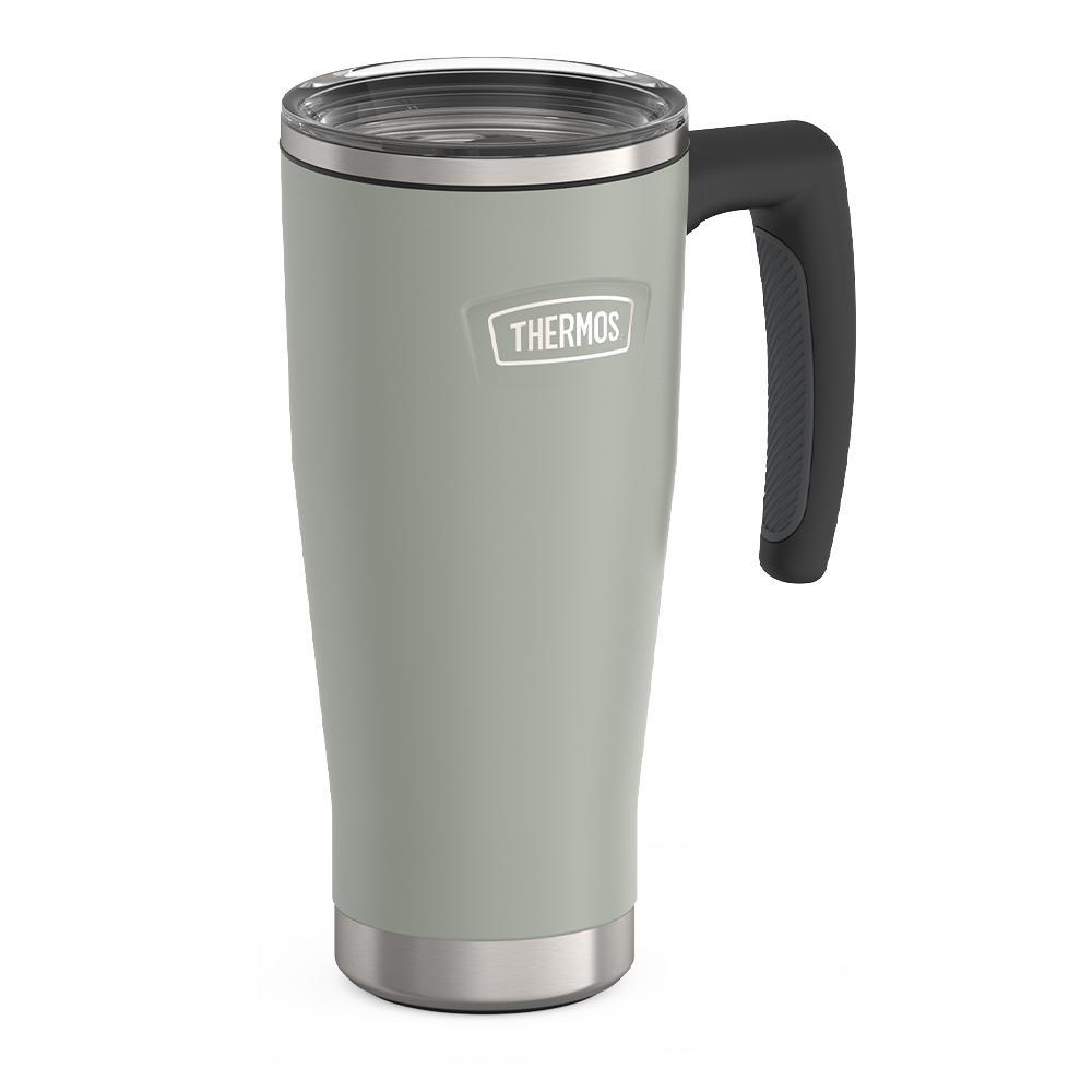 Thermos 18 ounce Stainless Steel Mug with handle and slide lock lid, side view, River Rock Grey.