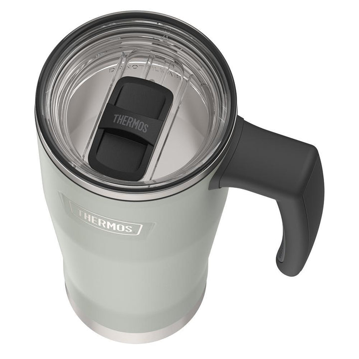 Thermos 18 ounce Stainless Steel Mug with handle and slide lock lid, top view of slide lock lid, with slide closed, River Rock Grey.