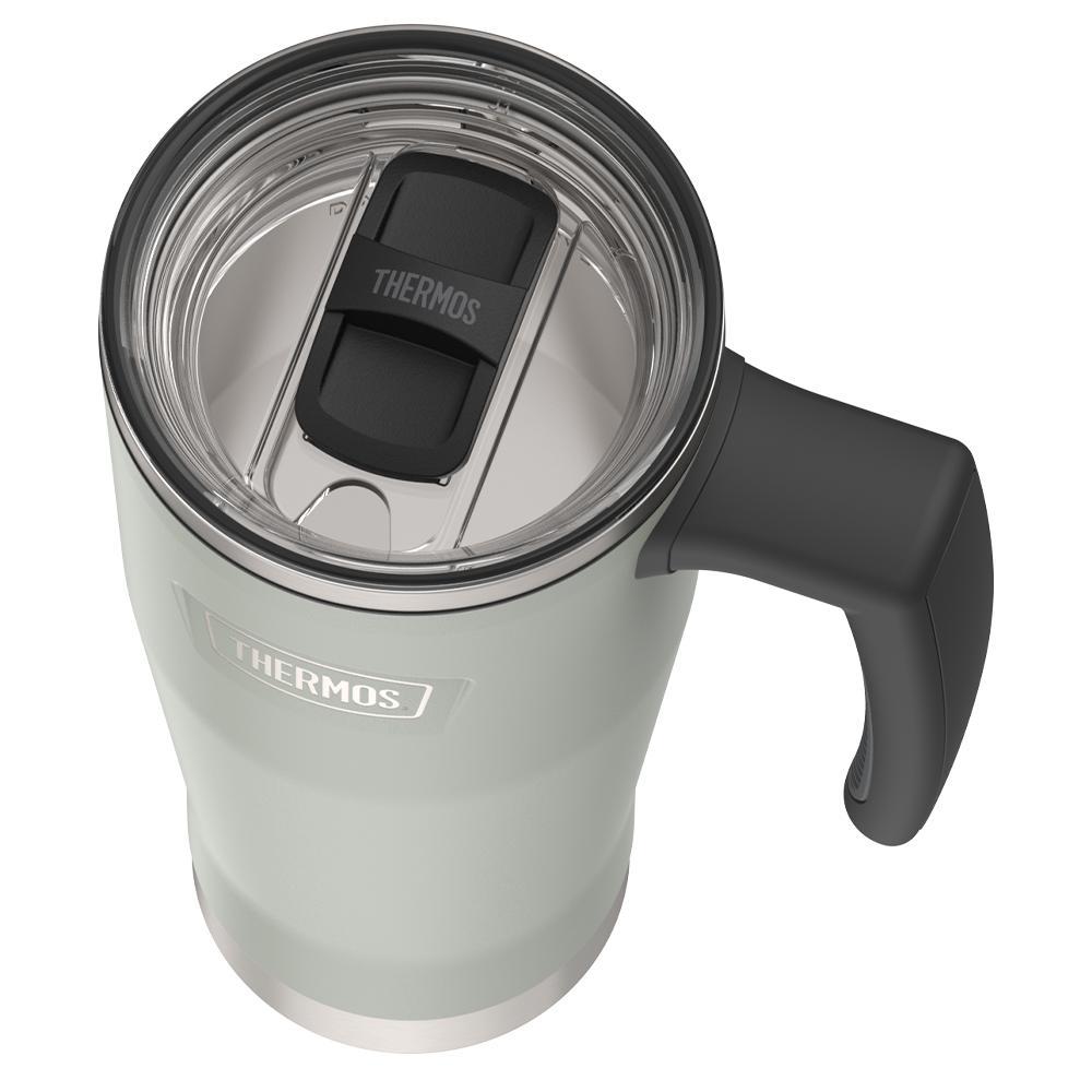 Thermos 18 ounce Stainless Steel Mug with handle and slide lock lid, top view of slide lock lid, with slide open, River Rock Grey.