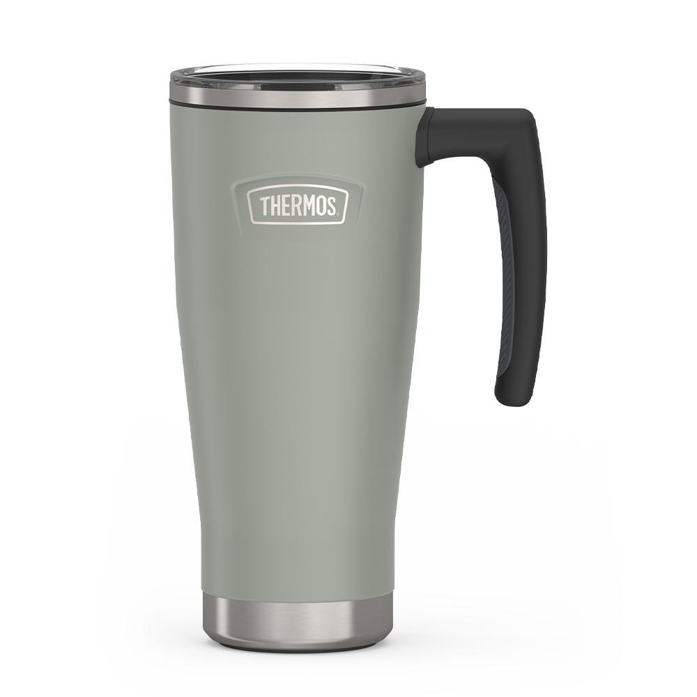 Thermos 18 ounce Stainless Steel Mug with handle and slide lock lid, front view, River Rock Grey.