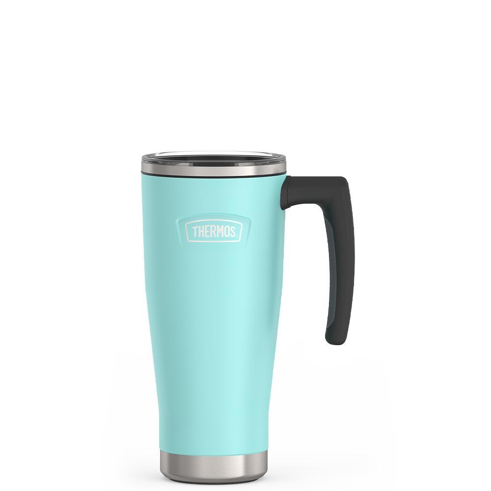 Thermos 18 ounce Stainless Steel Mug with handle and slide lock lid, front view, Sea Green.