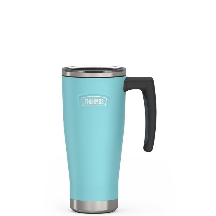 Thermos 18 ounce Stainless Steel Mug with handle and slide lock lid, front view, Sea Green.