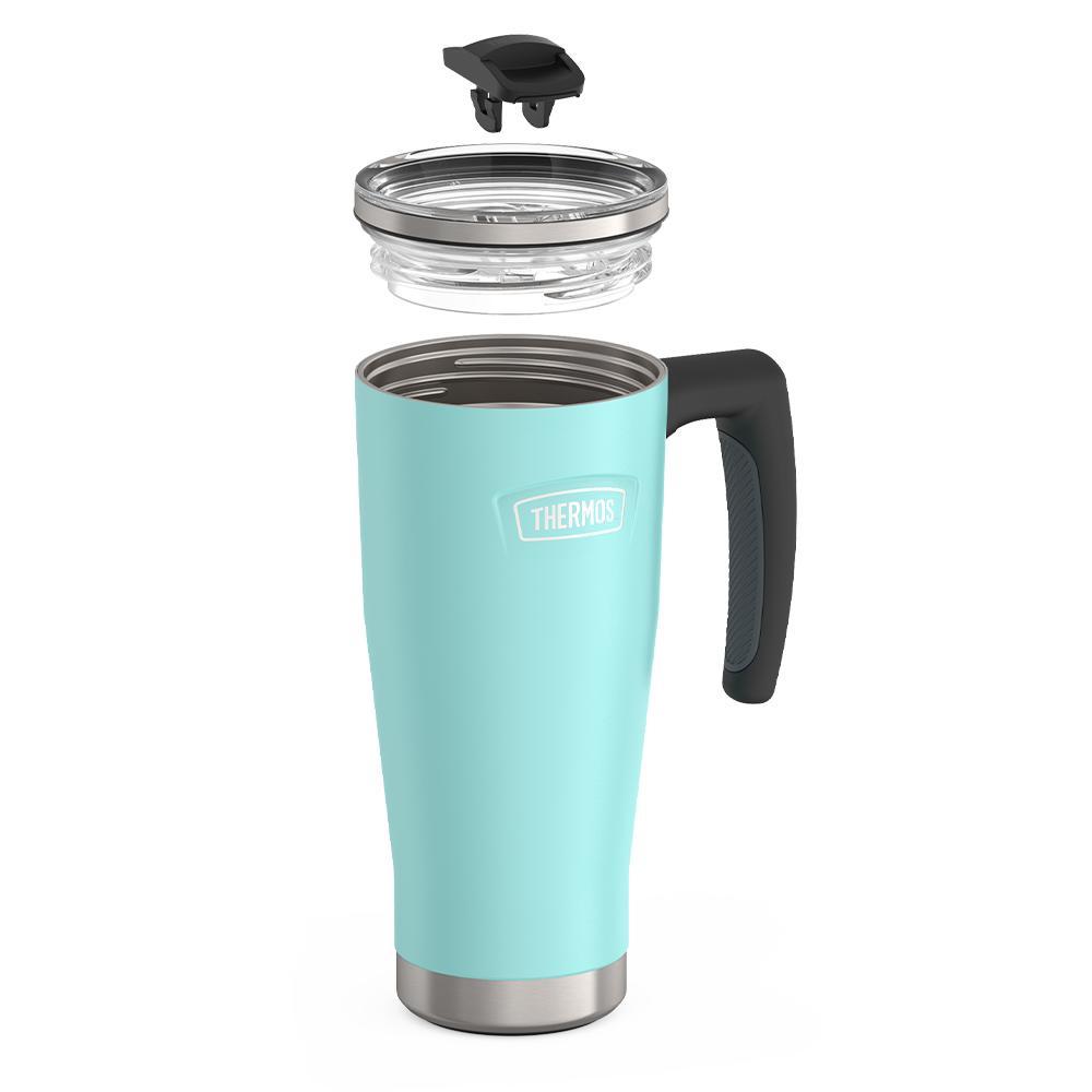 Thermos 18 ounce Stainless Steel Mug with handle and slide lock lid, leak resistant lid, components disassembled, Sea Green.