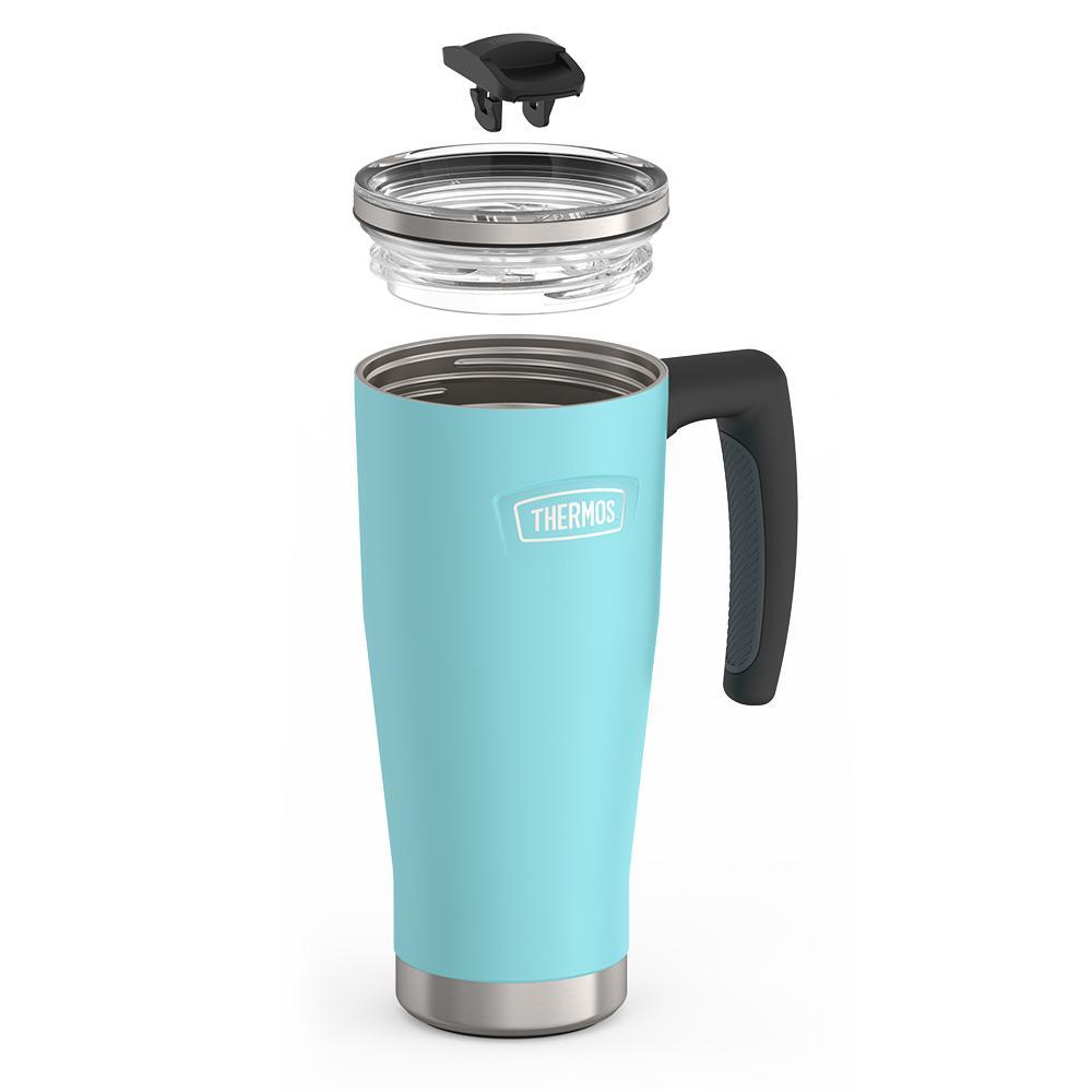 Thermos 18 ounce Stainless Steel Mug with handle and slide lock lid, leak resistant lid, components disassembled, Sea Green.