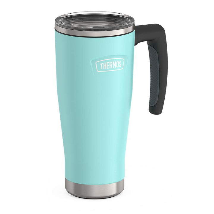 Thermos 18 ounce Stainless Steel Mug with handle and slide lock lid, side view, Sea Green.