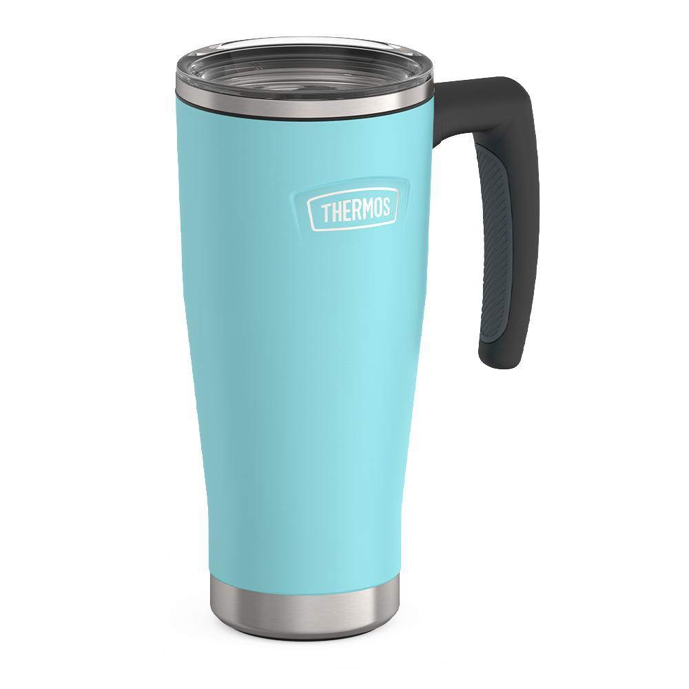 Thermos 18 ounce Stainless Steel Mug with handle and slide lock lid, side view, Sea Green.