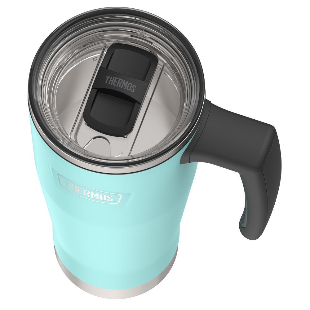 Thermos 18 ounce Stainless Steel Mug with handle and slide lock lid, top view of slide lock lid, with slide open, Sea Green.